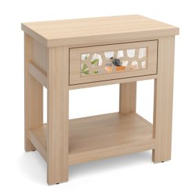 Wood Retro End Table with Mirrored Glass Drawer and Open Storage Shelf (Color: Natural)