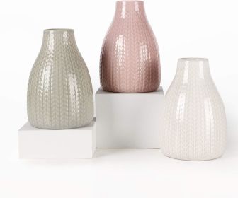 Flower Vase Set of 3, Decorative Ceramic Embossed Vase, Vase for Decor Home Living Room Office Parties Wedding (Color: White/Grey/Pink)