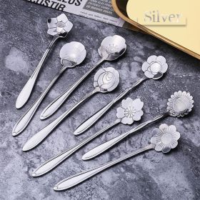 8Pcs Stainless Steel Flower Spoon Coffee Tea Spoon Cute Ice Cream Dessert Spoon Silver Christmas Gifts Kitchen Tableware Decor (Ships From: China, Color: 8PCS Silver)